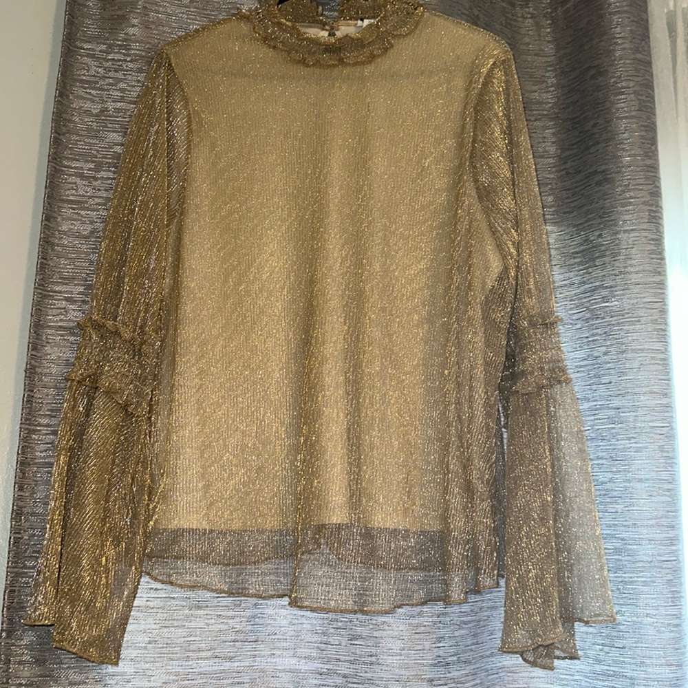 Gold Shimmer Ruffle Neck Blouse